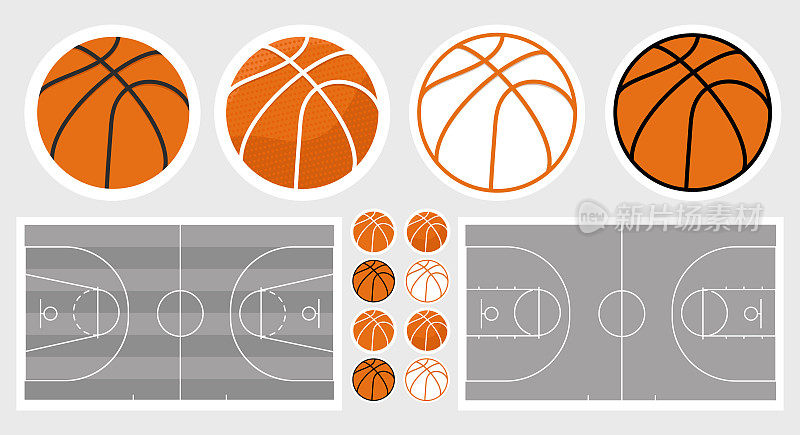 Basketball field and ball set. Basketball stickers
